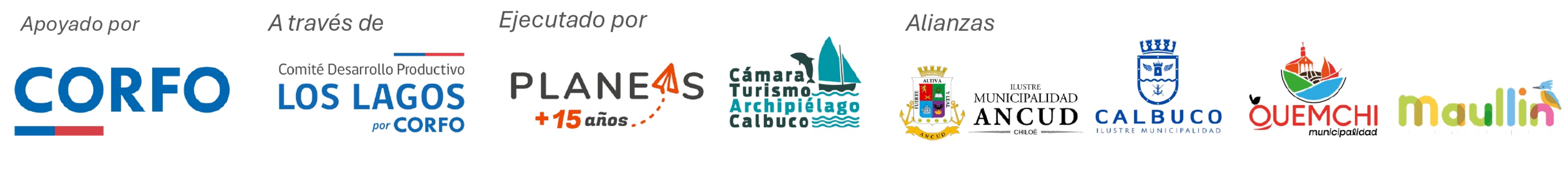 Logotipos de Planeas, Gobierno Regional de Los Lagos, Corfo, Sercotec y las municipalidades participantes